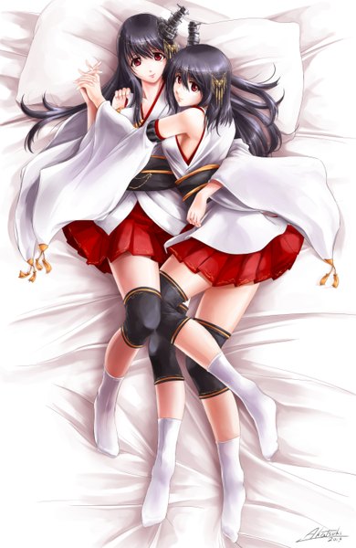 Anime picture 1000x1538 with kantai collection yamashiro battleship fusou battleship fusou (kantai collection) akatsuki matsumoto long hair tall image black hair red eyes multiple girls full body lying traditional clothes miko nontraditional miko girl hair ornament 2 girls detached sleeves socks