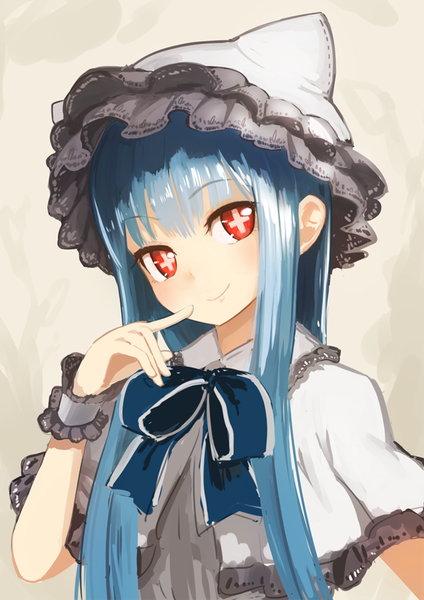 Anime picture 700x990 with original nosuku single long hair tall image fringe smile red eyes animal ears blue hair cat ears cat girl finger to mouth symbol-shaped pupils + + girl cross cap