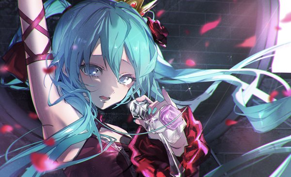 Anime picture 3488x2121 with vocaloid romeo to cinderella (vocaloid) hatsune miku tks 10ru single long hair fringe highres hair between eyes wide image twintails absurdres upper body nail polish arm up aqua eyes aqua hair aqua nail polish girl petals