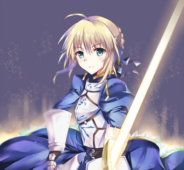Anime picture 1100x1018 with fate (series) fate/stay night type-moon artoria pendragon (all) saber tsuedzu single long hair looking at viewer blonde hair green eyes ahoge braid (braids) puffy sleeves glowing weapon girl dress ribbon (ribbons) weapon hair ribbon