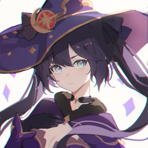 Anime picture 2500x2500 with genshin impact mona megistus pingdiguo single long hair looking at viewer fringe highres blue eyes black hair hair between eyes twintails upper body girl hat choker witch hat