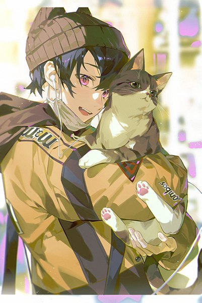 Anime picture 803x1200 with original xiaojiaju single tall image short hair open mouth black hair holding looking away upper body :d pink eyes mask pull boy animal jacket headphones cat cap surgical mask