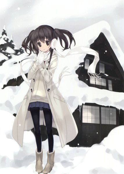 Anime picture 2494x3500 with original sasaki mutsumi single long hair tall image looking at viewer highres black hair twintails full body outdoors wind black eyes scan snowing winter snow girl skirt miniskirt