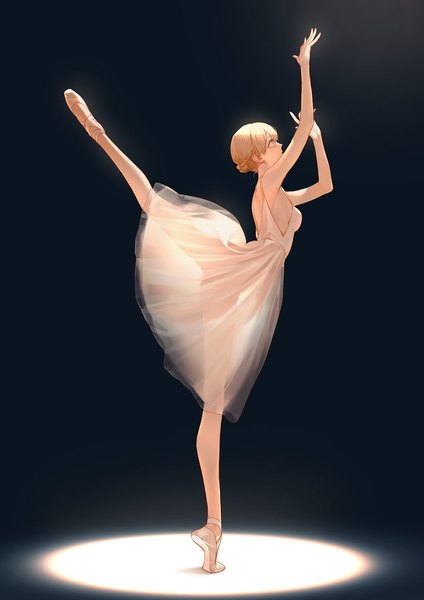 Anime picture 1024x1448 with original tanjiu single tall image fringe short hair breasts simple background blonde hair looking away arm up grey eyes hair bun (hair buns) black background light looking up see-through silhouette ballerina ballet girl