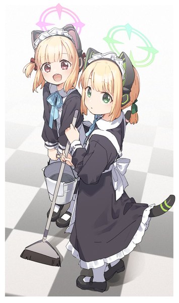 Anime picture 1769x2992 with blue archive momoi (blue archive) midori (blue archive) momoi (maid) (blue archive) midori (maid) (blue archive) yukie (kusaka shi) tall image looking at viewer fringe highres short hair open mouth blonde hair standing multiple girls holding green eyes animal ears tail blunt bangs