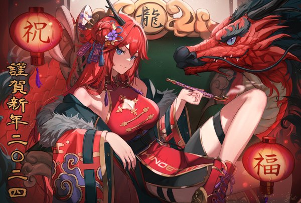 Anime picture 2039x1378 with original dolce (dolsuke) single long hair fringe highres blue eyes hair between eyes sitting red hair nail polish traditional clothes horn (horns) fingernails light smile crossed legs chinese clothes long fingernails new year fantasy