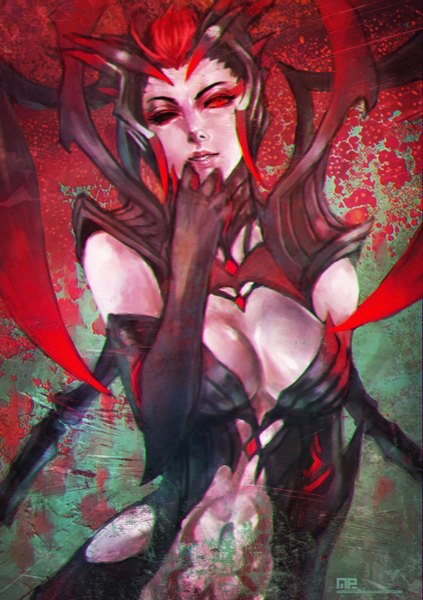 Anime picture 2473x3508 with league of legends elise (league of legends) monori rogue single tall image looking at viewer highres short hair breasts light erotic black hair red eyes red hair one eye closed multicolored hair lips wink two-tone hair tattoo girl