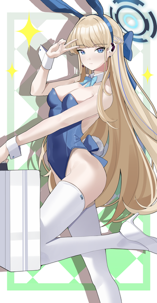 Anime picture 2027x3913 with blue archive toki (blue archive) toki (bunny) (blue archive) haerge single long hair tall image looking at viewer blush fringe highres breasts blue eyes light erotic simple background blonde hair large breasts standing white background holding