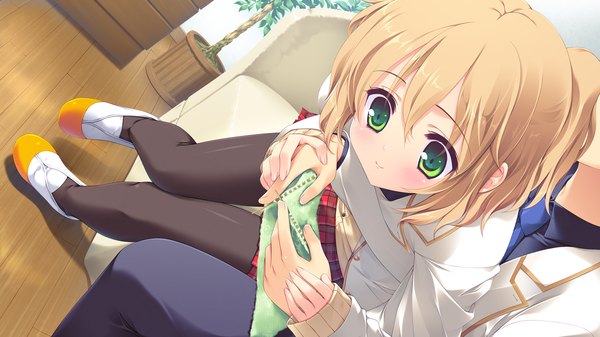 Anime picture 1280x720 with melty moment amane natsuki blush short hair blonde hair wide image green eyes game cg girl boy skirt uniform school uniform pantyhose couch