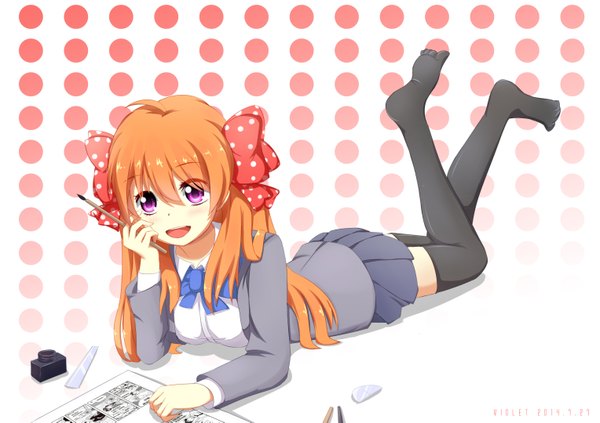 Anime picture 1527x1079 with gekkan shoujo nozaki-kun doga kobo sakura chiyo single long hair blush open mouth purple eyes lying orange hair polka dot girl thighhighs skirt uniform bow black thighhighs hair bow school uniform