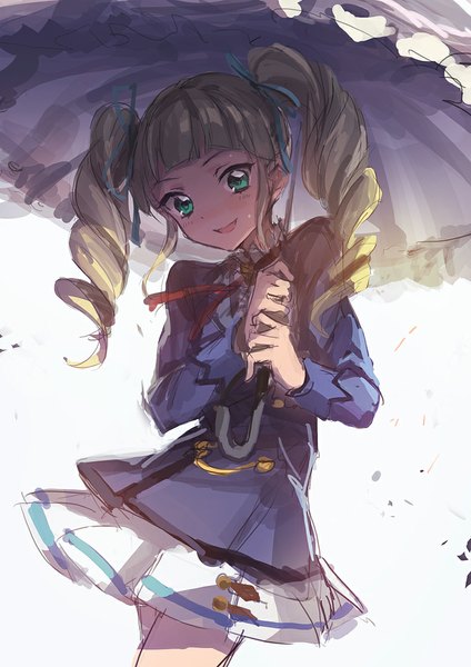 Anime picture 750x1061 with aikatsu! toudou yurika lm7 (op-center) single long hair tall image looking at viewer blush blonde hair twintails green eyes drill hair jpeg artifacts girl skirt ribbon (ribbons) hair ribbon miniskirt jacket umbrella