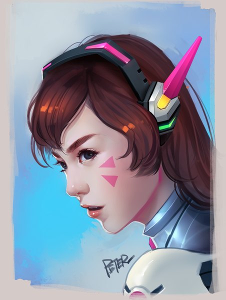 Anime picture 700x928 with overwatch blizzard entertainment d.va (overwatch) superschool48 single long hair tall image simple background brown hair signed looking away parted lips profile realistic lipstick facial mark portrait blue background pink lipstick whisker markings