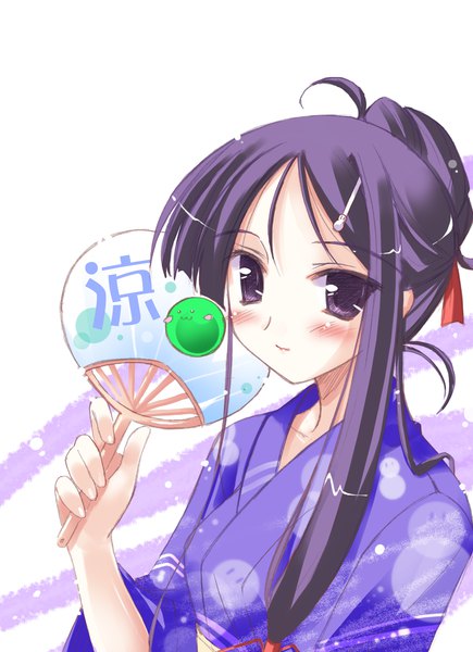 Anime picture 1654x2284 with happiness takamine koyuki ko~cha single long hair tall image looking at viewer blush fringe simple background white background purple eyes holding purple hair upper body ahoge traditional clothes japanese clothes girl bobby pin