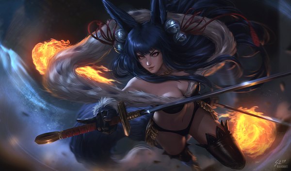 Anime picture 1600x942 with granblue fantasy yuel (granblue fantasy) raikoart single long hair fringe breasts light erotic black hair hair between eyes red eyes wide image large breasts bare shoulders holding signed animal ears payot looking away cleavage