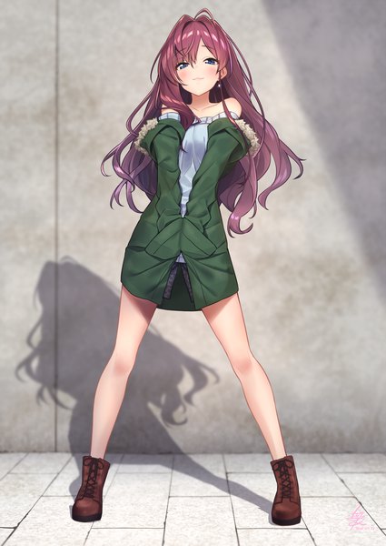 Anime picture 2005x2832 with idolmaster idolmaster cinderella girls ichinose shiki baffu single long hair tall image looking at viewer blush fringe highres blue eyes smile hair between eyes standing bare shoulders purple hair full body open clothes open jacket