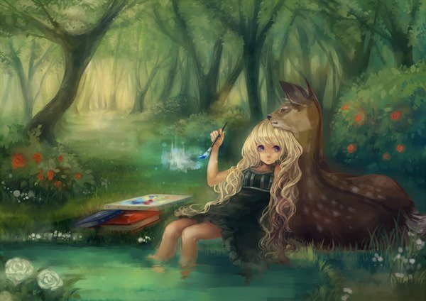 Anime picture 990x700 with original yuu (higashi no penguin) single long hair looking at viewer fringe blue eyes blonde hair sitting holding outdoors magic wavy hair nature soaking feet painting girl dress flower (flowers) plant (plants)