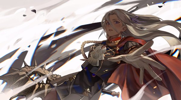 Anime picture 2306x1280 with fire emblem fire emblem: three houses nintendo edelgard von hresvelg ban gen zhu qian aficksuna single long hair looking at viewer fringe highres open mouth hair between eyes wide image standing purple eyes silver hair outstretched hand girl gloves