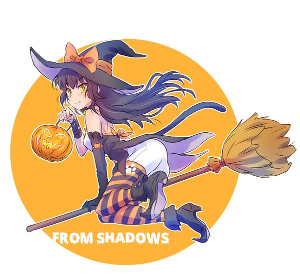 イラスト 3536x3300 と rwby rooster teeth blake belladonna いえすぱ ソロ 長髪 カメラ目線 前髪 highres 黒髪 笑顔 白背景 肩出し holding absurdres 全身 尻尾 animal tail from below cat tail