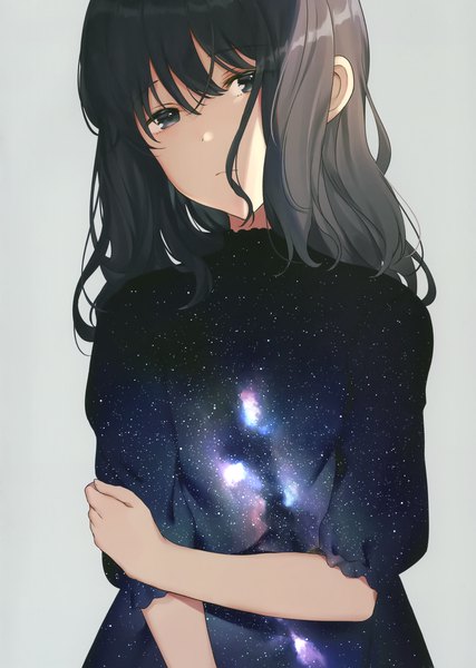 Anime picture 2099x2951 with original achiki single long hair tall image looking at viewer fringe highres black hair simple background hair between eyes standing upper body black eyes scan grey background shaded face holding arm starry sky print space print