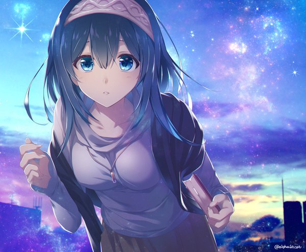 Anime picture 1722x1416 with idolmaster idolmaster cinderella girls sagisawa fumika alpha (yukai na nakamatachi) single long hair looking at viewer highres blue eyes black hair sky cloud (clouds) girl book (books) headband