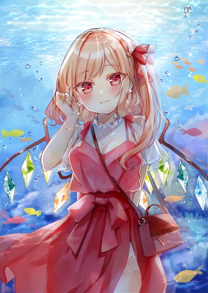 Anime picture 1062x1500 with touhou flandre scarlet moko (3886397) single long hair tall image looking at viewer blush fringe blonde hair red eyes standing signed payot braid (braids) nail polish head tilt alternate costume one side up adjusting hair