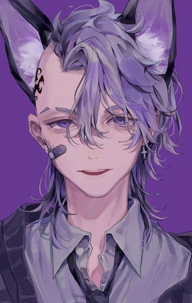 Anime picture 850x1339 with tokyo revengers mitsuya takashi popo 6996 single tall image looking at viewer simple background purple eyes animal ears purple hair upper body tattoo bunny ears piercing ear piercing eyebrows open collar purple background kemonomimi mode bandaid on face
