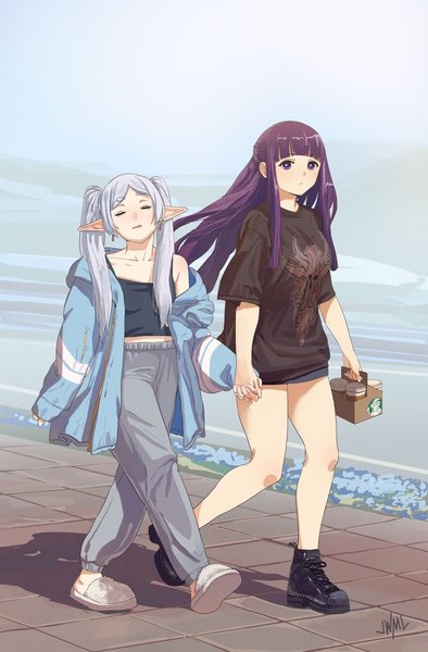 Anime picture 2626x4000 with sousou no frieren starbucks frieren fern (sousou no frieren) justin leyva (steamy tomato) long hair tall image looking at viewer highres breasts purple eyes twintails bare shoulders multiple girls purple hair full body white hair eyes closed long sleeves pointy ears