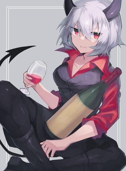Anime picture 700x950 with helltaker malina (helltaker) sasa onigiri single tall image fringe short hair hair between eyes red eyes sitting looking away tail horn (horns) grey hair grey background demon girl open collar demon tail indian style wavy mouth