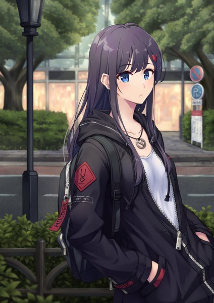 Anime picture 1181x1670 with original hoodier single long hair tall image blush fringe blue eyes standing signed payot purple hair upper body ahoge outdoors long sleeves blurry open jacket clothes writing hands in pockets