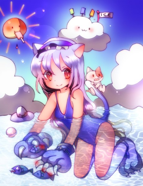 Anime picture 800x1043 with original koroneri single long hair tall image looking at viewer blush breasts light erotic red eyes animal ears looking away sky silver hair cloud (clouds) bent knee (knees) tail animal tail cat ears cat girl