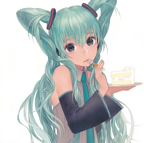 Anime picture 900x893 with vocaloid hatsune miku matayoshi single long hair looking at viewer fringe blue eyes simple background white background twintails nail polish aqua hair close-up aqua nail polish girl detached sleeves necktie sweets cake