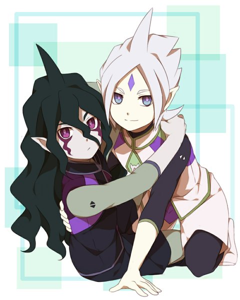 Anime picture 800x1000 with inazuma eleven inazuma eleven go inazuma eleven go galaxy gandaresu baran ryugeru baran sekina long hair tall image looking at viewer short hair black hair sitting purple eyes white hair pointy ears multiple boys hug facial mark boy 2 boys