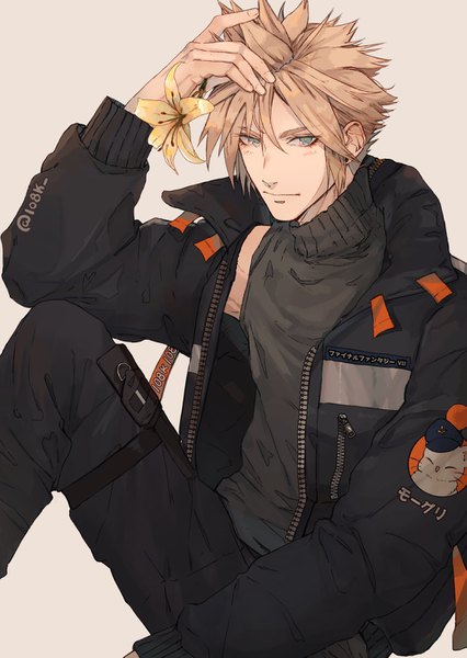 Anime picture 1037x1460 with final fantasy final fantasy vii square enix cloud strife 1o8k single tall image short hair blue eyes simple background blonde hair sitting signed arm up open jacket twitter username boy flower (flowers) jacket turtleneck