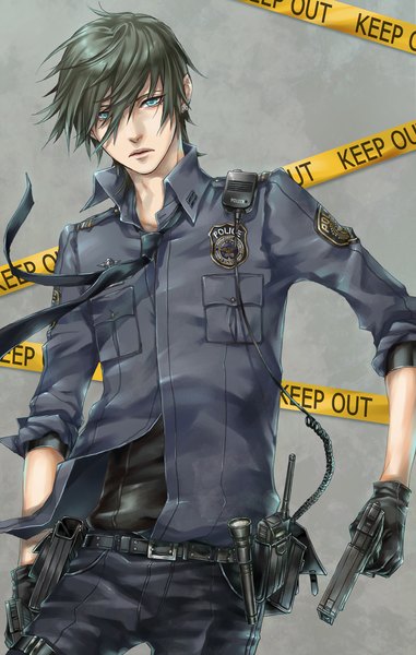 Anime picture 750x1179 with togainu no chi nitro+chiral akira (tnc) dr. single tall image looking at viewer short hair blue eyes green hair grey background sad boy gloves uniform weapon black gloves gun military uniform pistol