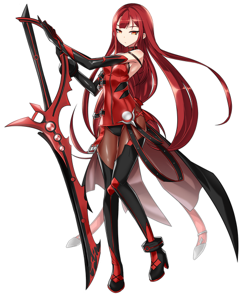 Anime-Bild 1678x2048 mit elsword elesis (elsword) crimson avenger (elsword) ress single long hair tall image looking at viewer fringe red eyes standing bare shoulders holding yellow eyes full body red hair official art standing on one leg transparent background expressionless