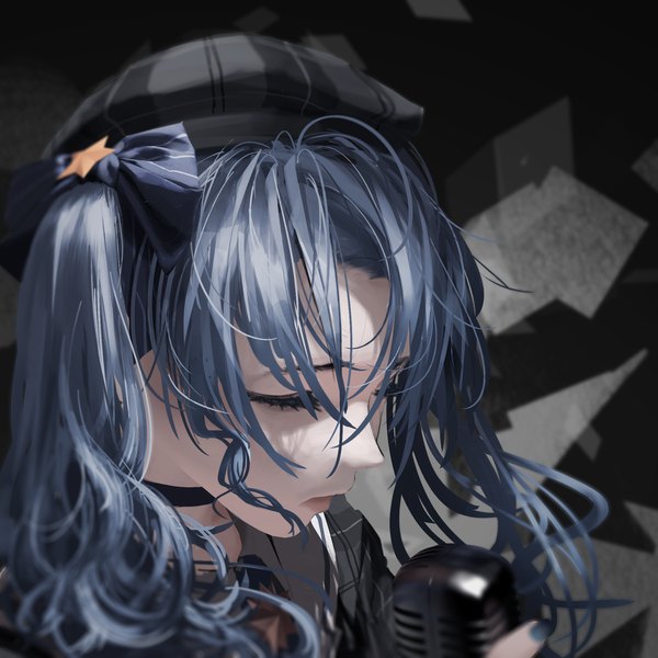 Anime picture 1920x1920 with virtual youtuber hololive hoshimachi suisei tacshojosora single long hair fringe highres simple background hair between eyes payot blue hair upper body profile blurry side ponytail dark background girl bow hair bow
