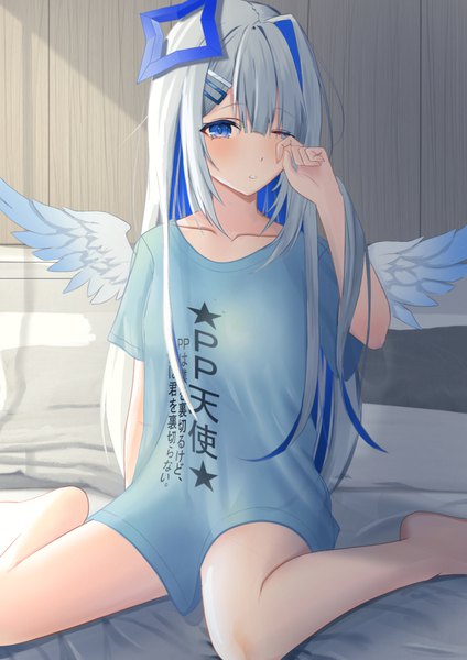 Anime picture 834x1179 with virtual youtuber hololive amane kanata haro art single long hair tall image blue eyes sitting silver hair one eye closed barefoot bare legs wariza clothes writing girl wings bobby pin halo t-shirt