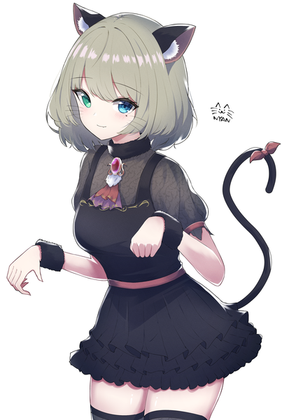 Anime picture 2660x3862 with idolmaster idolmaster cinderella girls takagaki kaede kiimo single tall image looking at viewer highres blue eyes simple background smile white background green eyes animal ears tail animal tail grey hair cat ears mole short sleeves