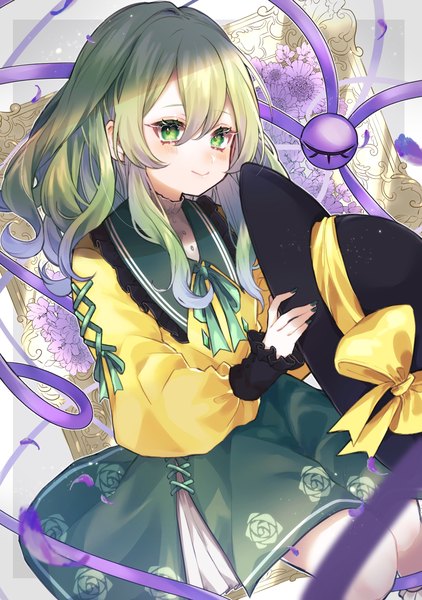 Anime picture 1764x2508 with touhou komeiji koishi youtan single long hair tall image blush fringe highres smile hair between eyes green eyes nail polish green hair hat removed headwear removed adapted costume girl skirt blouse