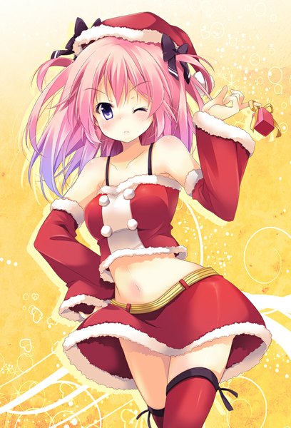 Anime picture 680x1000 with original mocha (naturefour) single long hair tall image looking at viewer blush purple eyes pink hair one eye closed wink bare belly zettai ryouiki fur trim hand on hip christmas girl thighhighs navel ribbon (ribbons)
