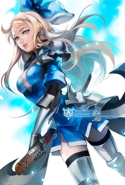 Anime picture 544x800 with bravely default: flying fairy edea lee ippus single long hair tall image fringe breasts blue eyes blonde hair standing holding light smile sheathed girl thighhighs gloves bow weapon black thighhighs