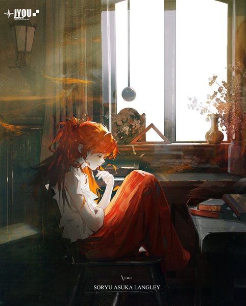 Anime picture 6549x8157 with neon genesis evangelion gainax soryu asuka langley jyou (youj4) single long hair tall image highres sitting signed absurdres indoors eyes closed profile orange hair character names white skin girl window book (books)