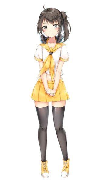 Anime picture 681x1200 with original ikasoke (likerm6au) single long hair tall image looking at viewer blush black hair simple background standing white background full body ahoge pleated skirt black eyes midriff side ponytail hands clasped headphones around neck girl