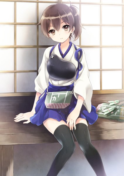 Anime picture 794x1123 with kantai collection kaga aircraft carrier kona (canaria) single tall image looking at viewer short hair brown hair sitting brown eyes ponytail zettai ryouiki girl thighhighs skirt black thighhighs armor arrow (arrows) breastplate muneate