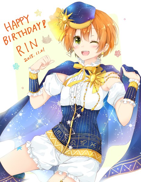 Anime picture 928x1200 with love live! school idol project sunrise (studio) love live! hoshizora rin kurottari single tall image blush fringe short hair open mouth hair between eyes green eyes one eye closed wink orange hair sparkle character names dated happy birthday