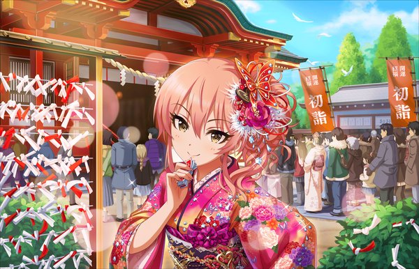 Anime picture 1280x824 with idolmaster idolmaster cinderella girls idolmaster cinderella girls starlight stage jougasaki mika annindoufu (oicon) long hair blush fringe smile hair between eyes holding yellow eyes pink hair sky cloud (clouds) traditional clothes japanese clothes official art floral print side ponytail