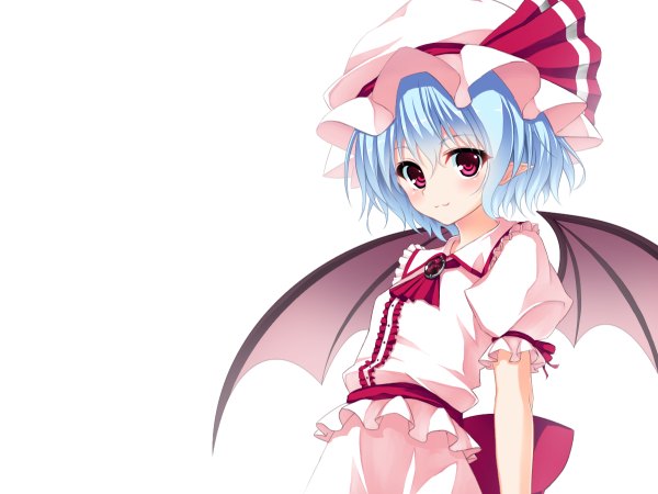 Anime picture 1200x900 with touhou remilia scarlet junior27016 single looking at viewer blush short hair simple background red eyes white background blue hair pointy ears girl dress wings bonnet