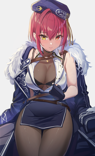 Anime picture 1175x1921 with virtual youtuber hololive houshou marine houshou marine (6th costume) reulem single tall image looking at viewer fringe short hair breasts light erotic simple background hair between eyes large breasts red hair grey background heterochromia official alternate costume clothes on shoulders