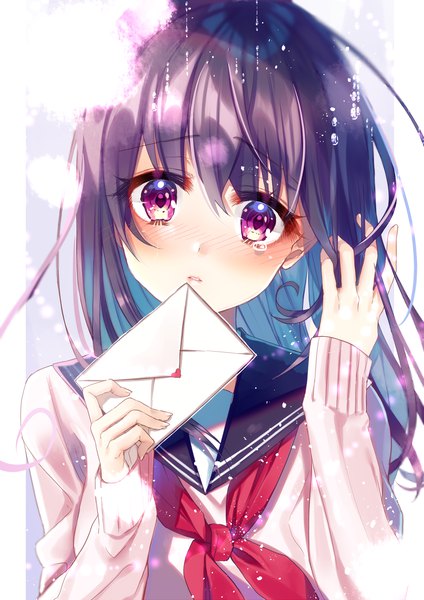 Anime picture 2893x4092 with original tyanotya single long hair tall image looking at viewer fringe highres hair between eyes purple eyes purple hair upper body head tilt adjusting hair girl uniform serafuku teardrop love letter