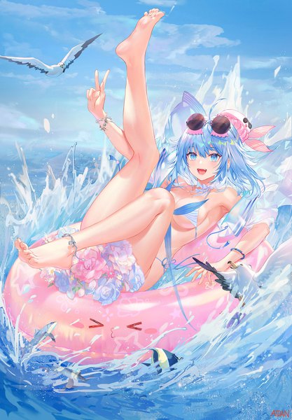 Anime picture 1528x2200 with vocaloid synthesizer v haiyi atdan single tall image looking at viewer blush fringe short hair breasts open mouth blue eyes light erotic smile hair between eyes large breasts signed blue hair sky